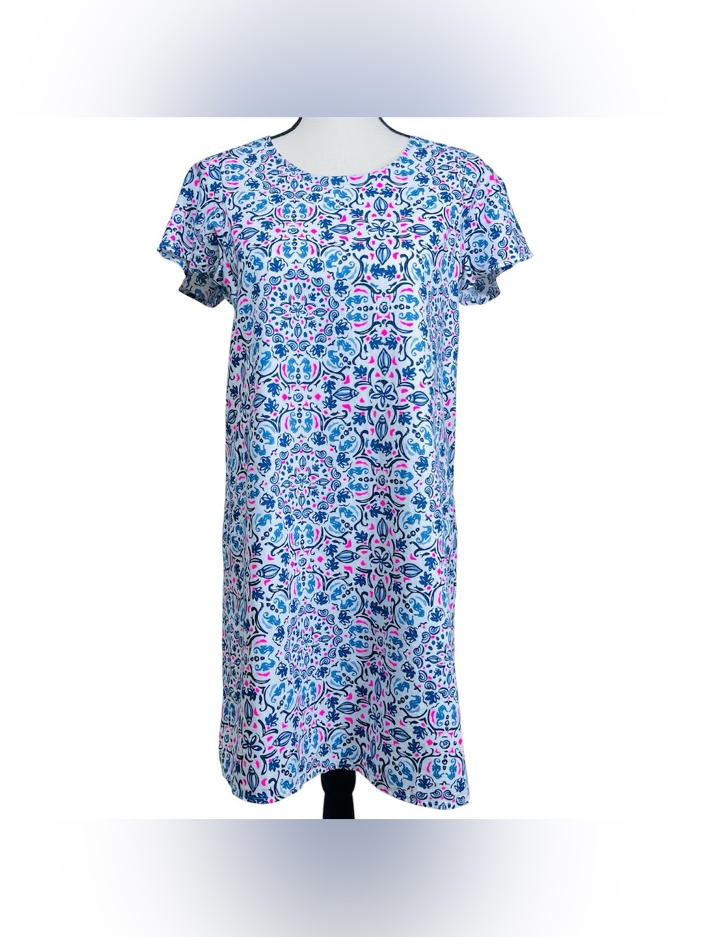 Vineyard Vines Blue Nautical Seahorse Seashell Print Linen Blend Shift Dress, XS